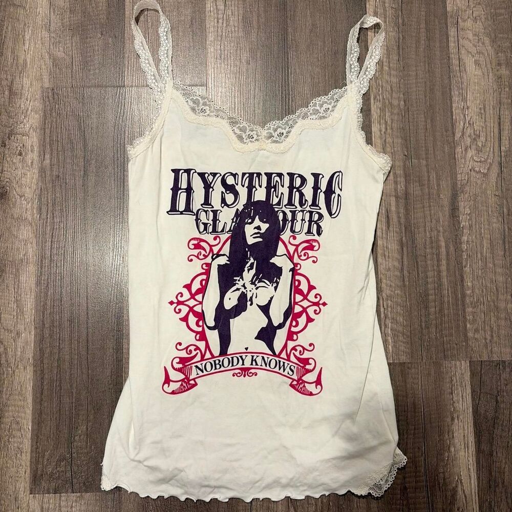 Hysteric Glamour White Lace Cami Nobody Knows Graphic Top